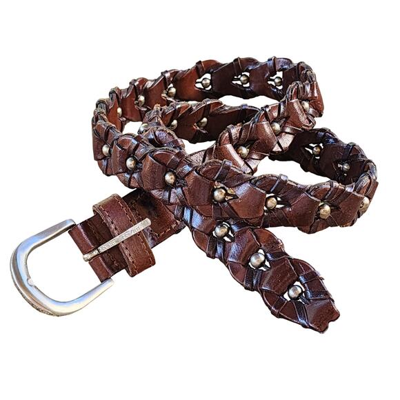 VTG Donna Katz Woven Brown Leather Belt Silver Stud Ball Detail Boho Western M main image 4